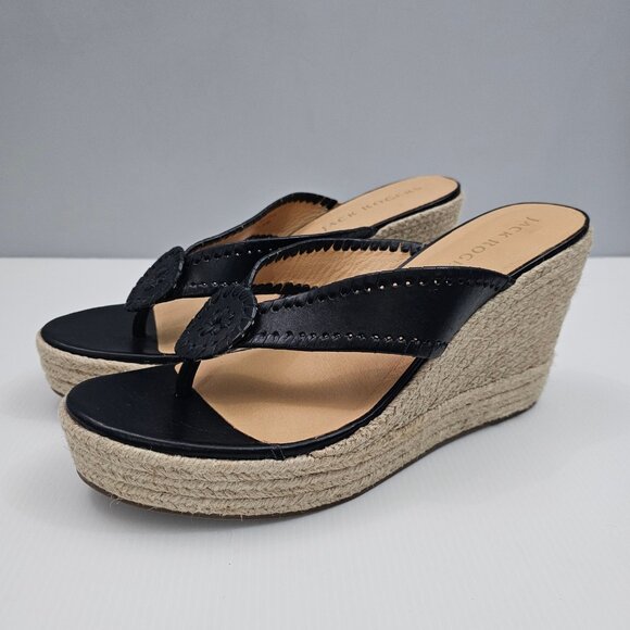 NEW Jack Rogers Rowan Wedge Women 11 Black Leather Thong Jute Sandal Espadrille - Picture 13 of 13